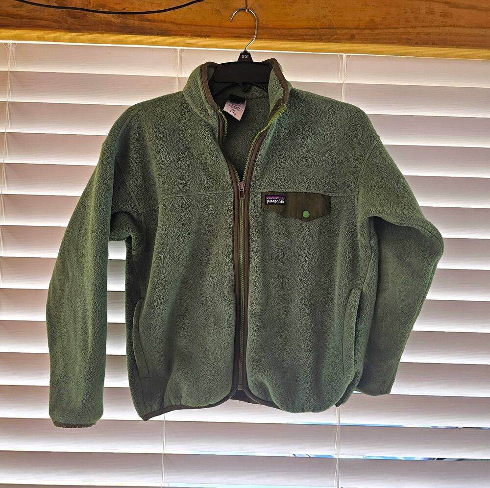 Patagonia Synchilla Unisex Kids 9-10Y Green Fleece Full Zip Jacket Pockets